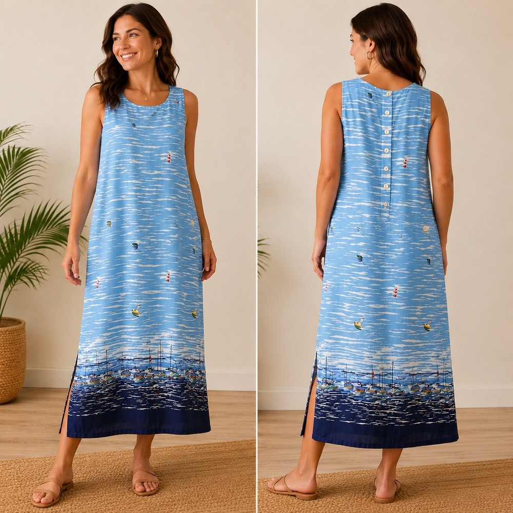 Vintage Princess Cruises Harbor Print Dress XL Rayon‎ Nautical Resort Blue